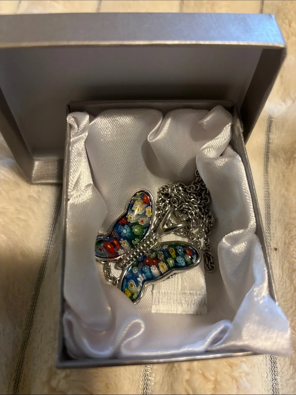 Silver Butterfly Millefiori Pendant Necklace - Blue Multicolor